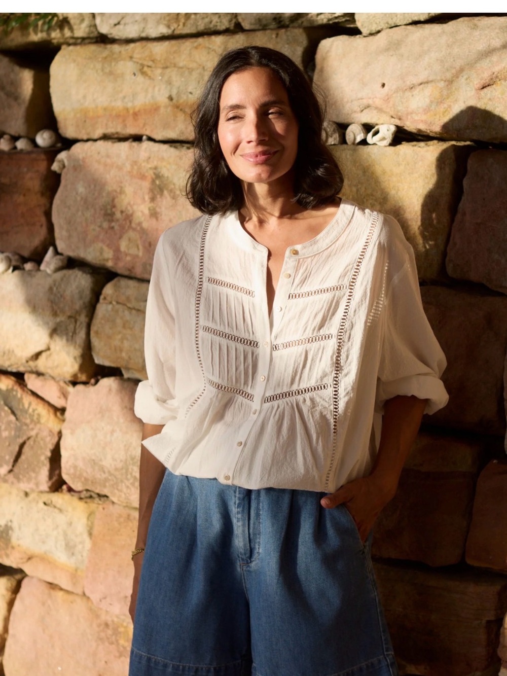 Maye White Women's Button-Front Crochet Trim Blouse